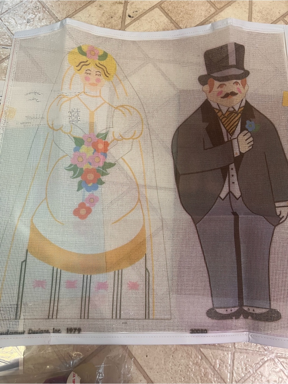 Vintage Candamar Designs 70s Needlepoint Kit Bride And Groom 17” Tall - Picture 3 of 10
